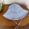 Korean Style Fine Plaid Fisherman Hat Bow Wide Brimmed Sunscreen Basin Cap with Windproof Rope Polyester Folding Sun Cap Daily