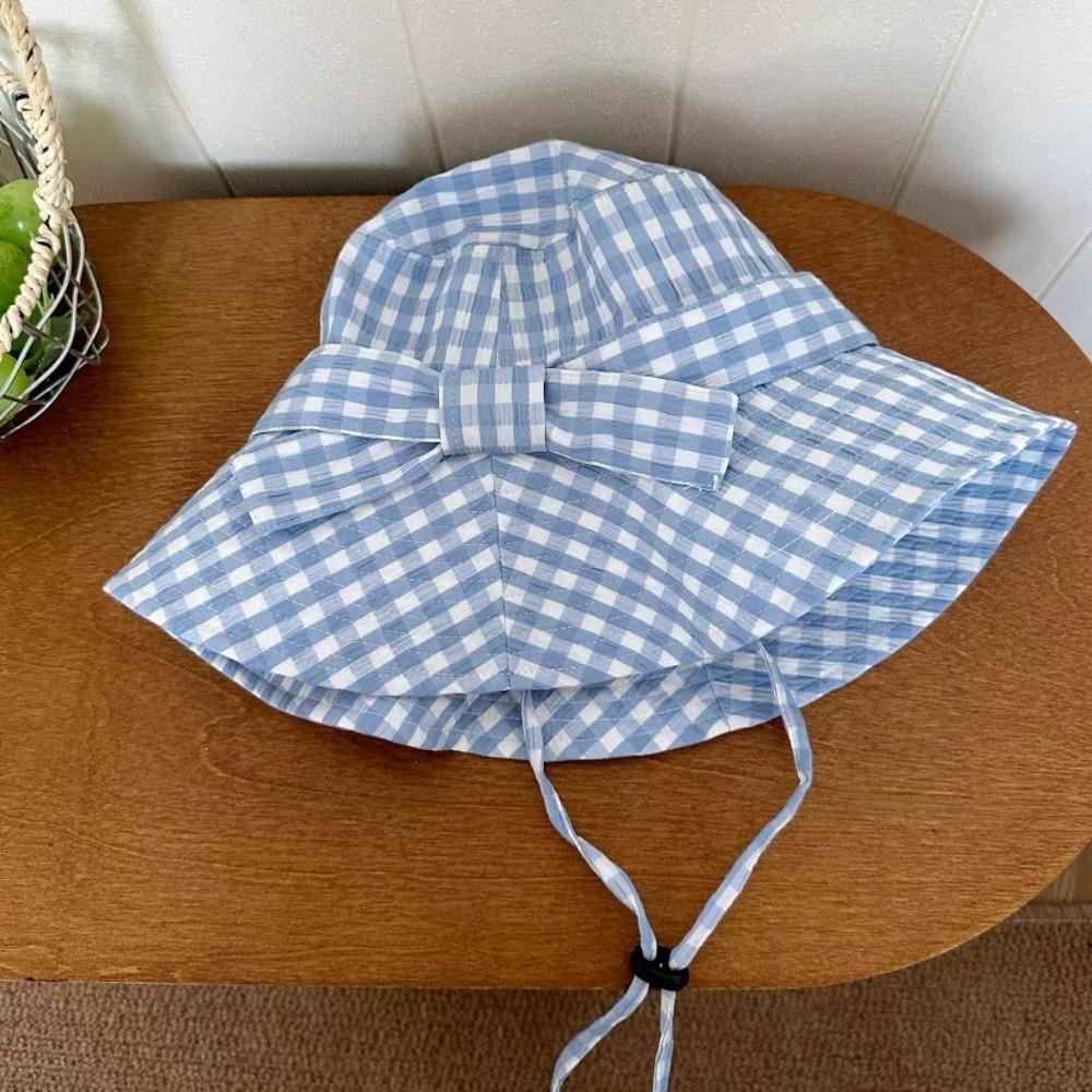 Korean Style Fine Plaid Fisherman Hat Bow Wide Brimmed Sunscreen Basin Cap with Windproof Rope Polyester Folding Sun Cap Daily