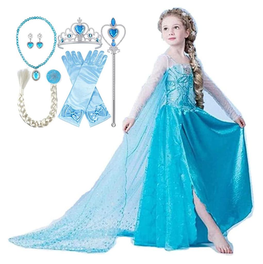 Princess Elsa Dress Costume for Luxury Ice Blue Heart Magic Braided [EKALA] Kids, 8-Piece Set, (Princess Dress, Tiara, Wand, Gloves, Necklace, Ring,