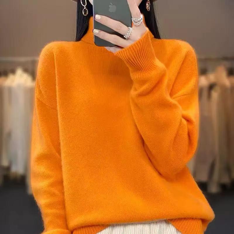 Women's European & American High Neck Wool Sweater - Autumn/Winter Soft Thick Loose Pullover Knitwear, Solid Color.