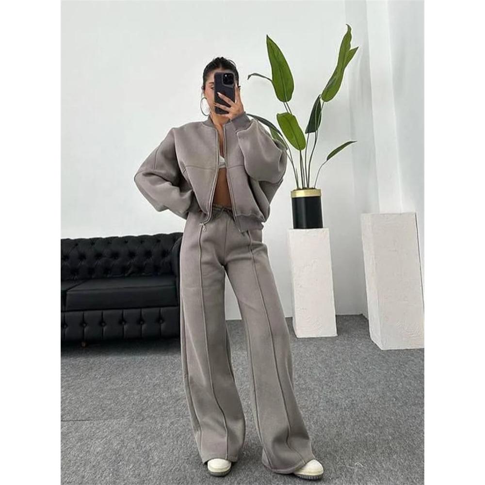 Sweatshirt Two-piece Suit Women's Casual Sets Loose Zipper-up Short Jacket Tops Straight Trousers Sports 2-piece Sets Lady