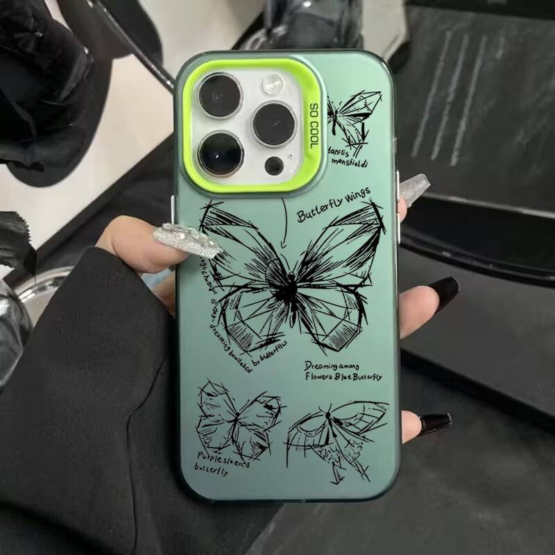 Sketch Lines Butterfly Electroplate Silver IMD Case For iPhone 15 16 Pro Max 14 13 12 11 Pro X XS 7 8 Plus Shockproof Back Cover