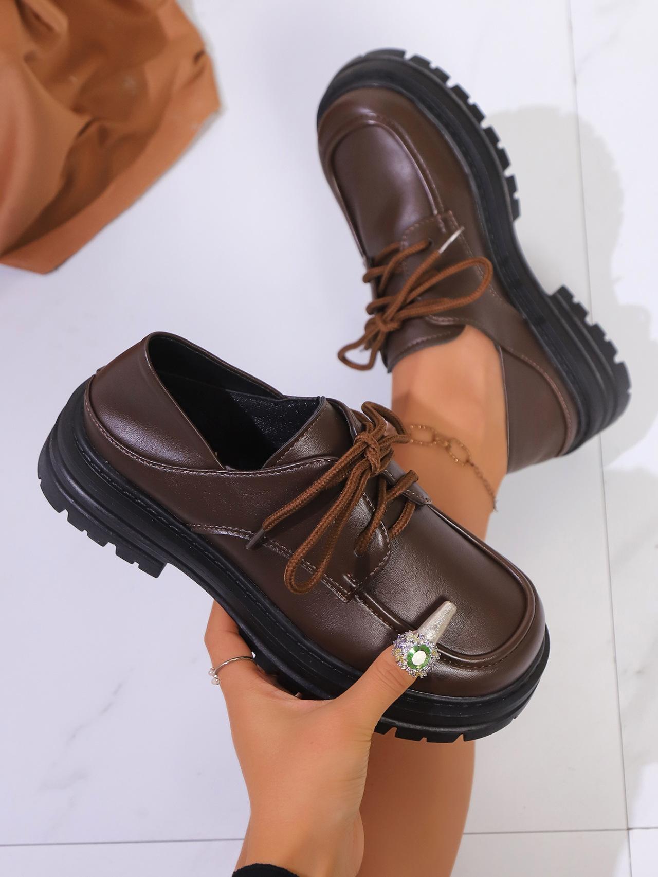 

2025 весна и осень новые женские туфли большого размера на платформе со шнуровкой универсальные маленькие кожаные туфли в британском стиле 42 коричневый