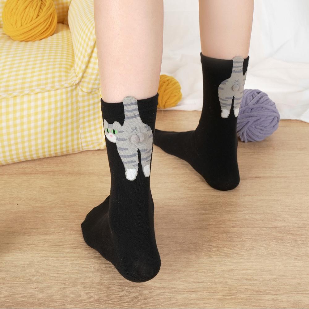 Cute Cat Socks with Fuzzy Balls Cotton Novelty Funny Animal Fun Crew Socks for Women