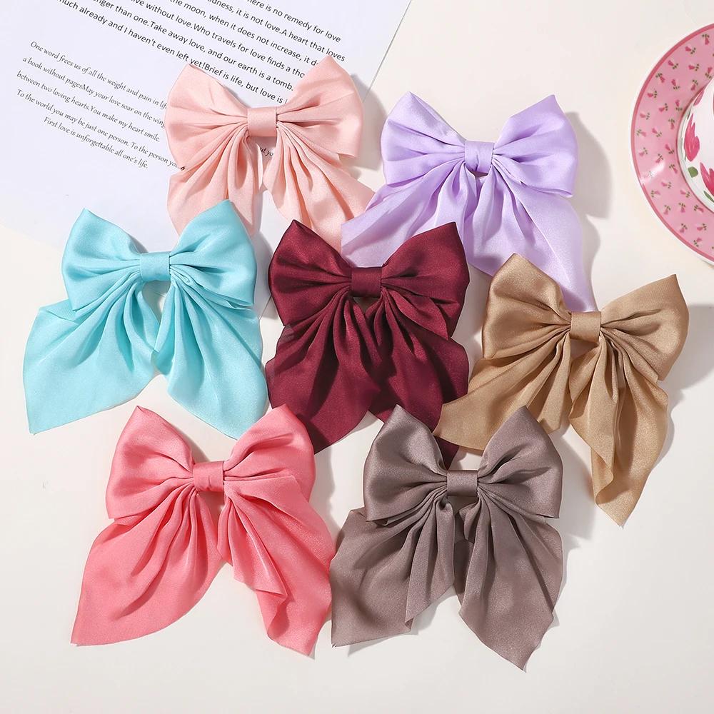 RAINBOW BOWS 4.9inch Bowknot Hair Clip for Womens Sweet Ponytail Hairgripes Girls Solid Color Satin Butterfly Dress Barrettes