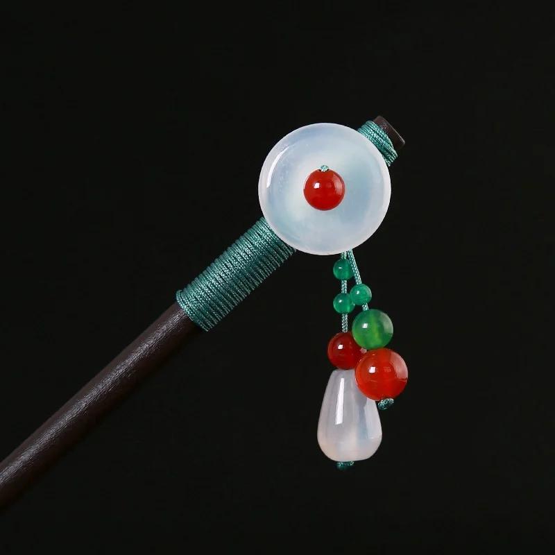 Retro Women Ebony Tassel Stepping Hair Stick Hairpin Chinese Style Handmade Hair Accessories Hanfu Headwear Flower Hair Fork