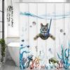 Blue-Green Cartoon Marine Life & Cat Pattern Shower Curtain - Polyester, All-Season Use