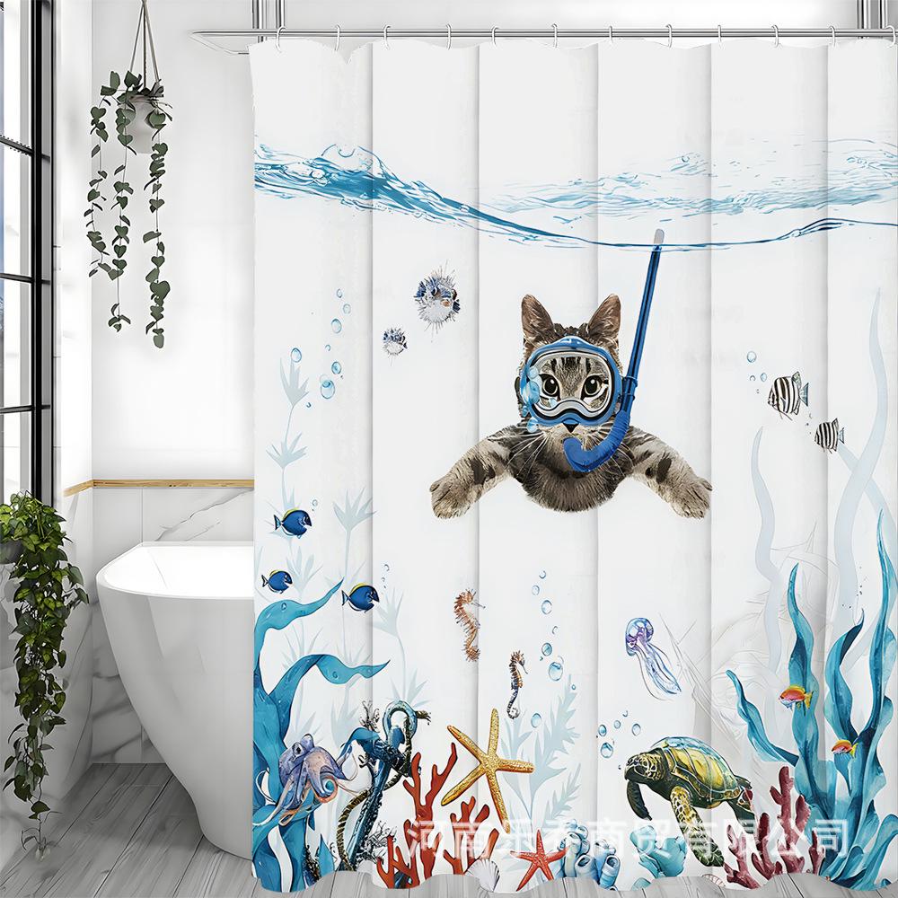 Blue-Green Cartoon Marine Life & Cat Pattern Shower Curtain - Polyester, All-Season Use