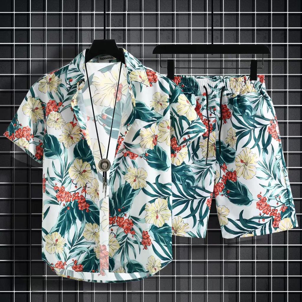 Versatile Men's Quick-Dry Shorts & Floral Shirt Set - Retro Hainan Island National Trend