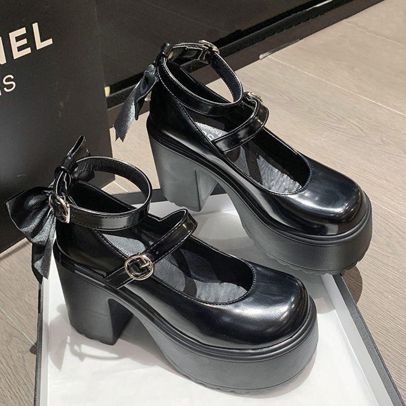 Spice girls white high heels women's 2025 spring new waterproof table heightening sweet bow Mary Jane small leather shoes