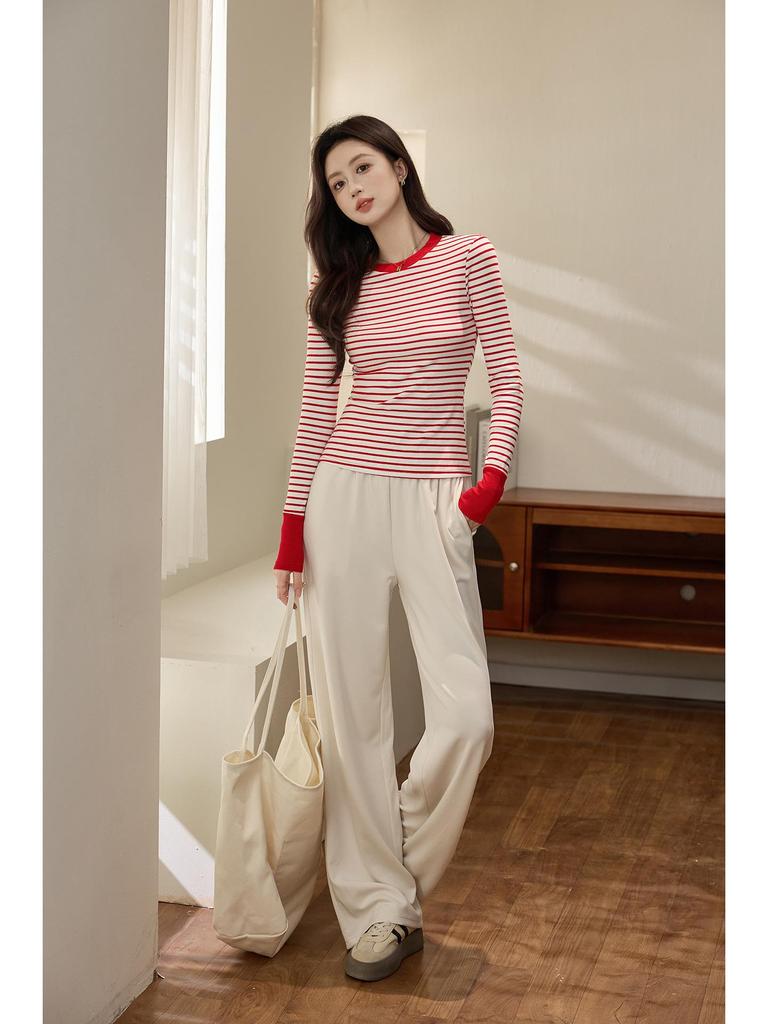 Premium Color Block Gestreiftes T-Shirt: Damen Langarm Oberteil aus reiner Baumwolle für die Herbst-/Wintermode 2025