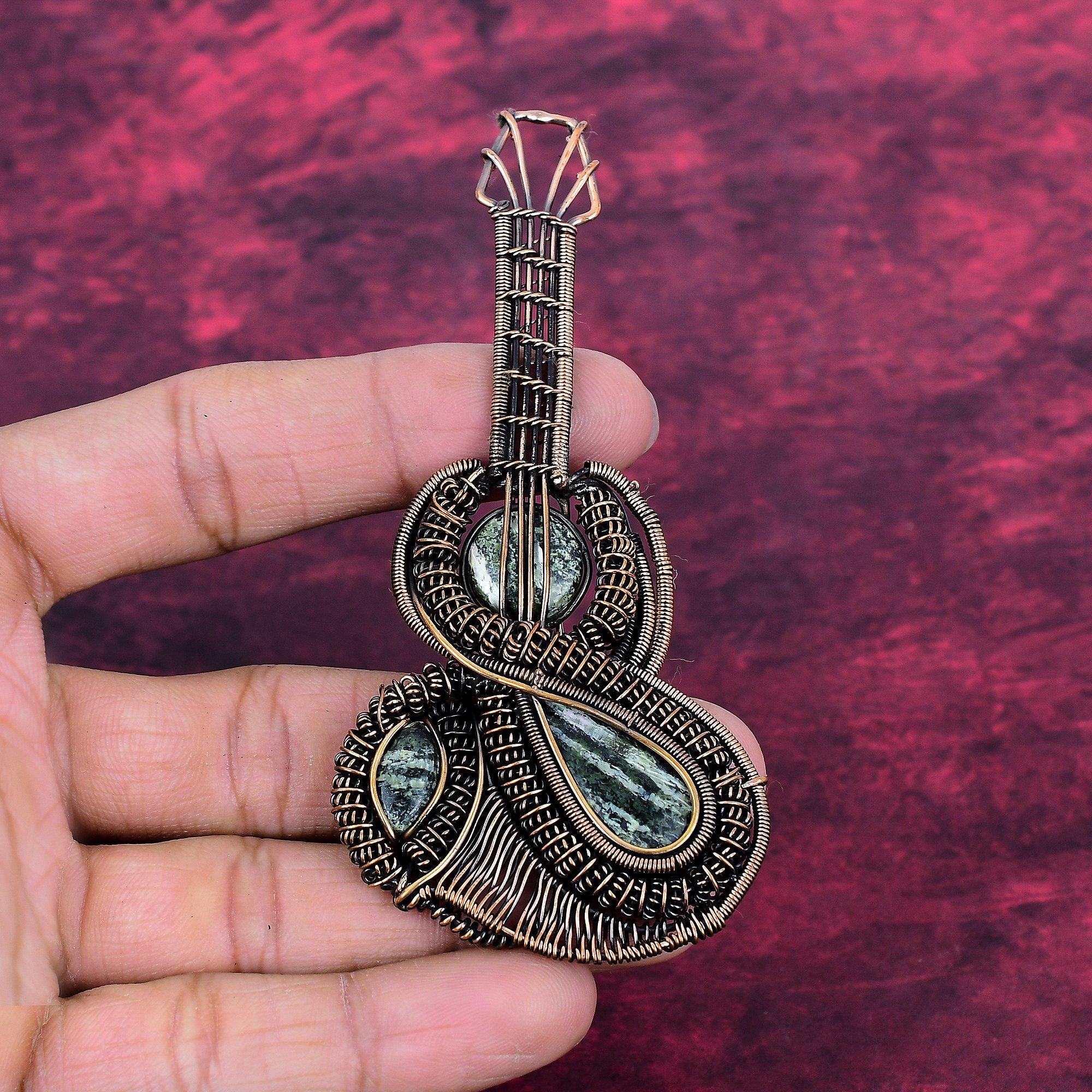 Green Swiss Opal Pendant Guitar Pendant Copper Wire Wrapped Gemstone Jewelry