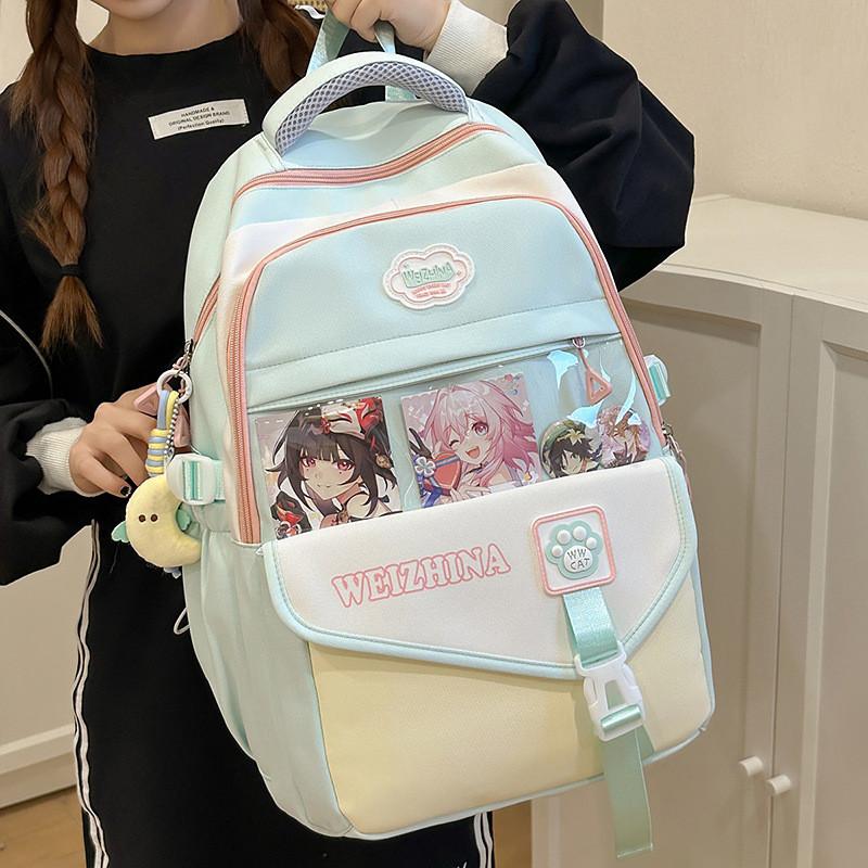 Color Blocked Fashionable Letter Printed Student Backpack With Pendant Daily For