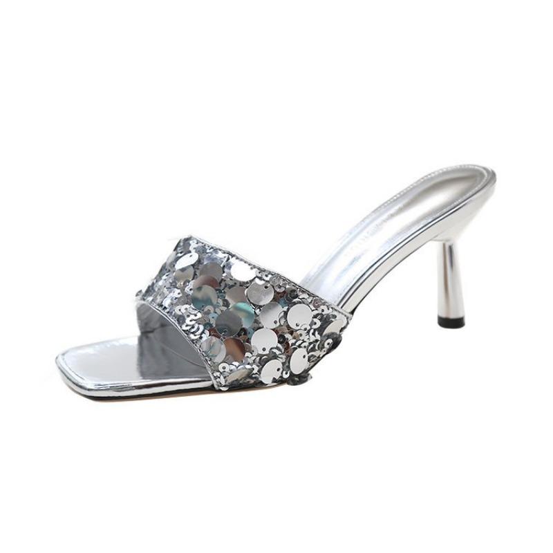 Fashion Hot Selling 2025 New French Style Fashion Shallow Women's Slippers Sequins Modem Slippers High Quality Square Toe Heels Women