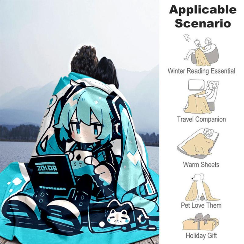 1pc Blanket Hatsune Miku Print Design, Lightweight Blanket for Sofa, Bed- Soft &Warm, Gift for All Seasons like Christmas, Halloween