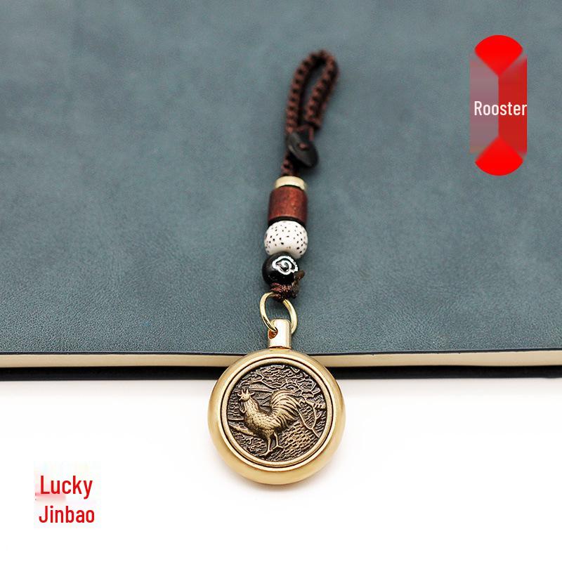 Rotating Brass Zodiac Signs Vermilion Gourd Keychain for Wealth & Treasures