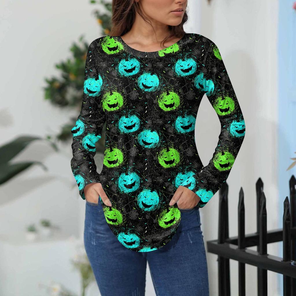 Women's Loose Fit Long Sleeve T-Shirt with Retro Halloween Print, Neck Pullover Top