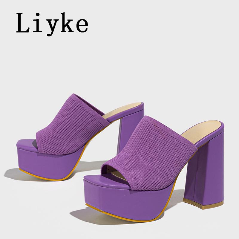 Fashion Liyke Summer Fashion Green Knitting Women's Slippers Banquet Nightclub Platform Chunky High Heels Slide Mule Shoes Female Sandal