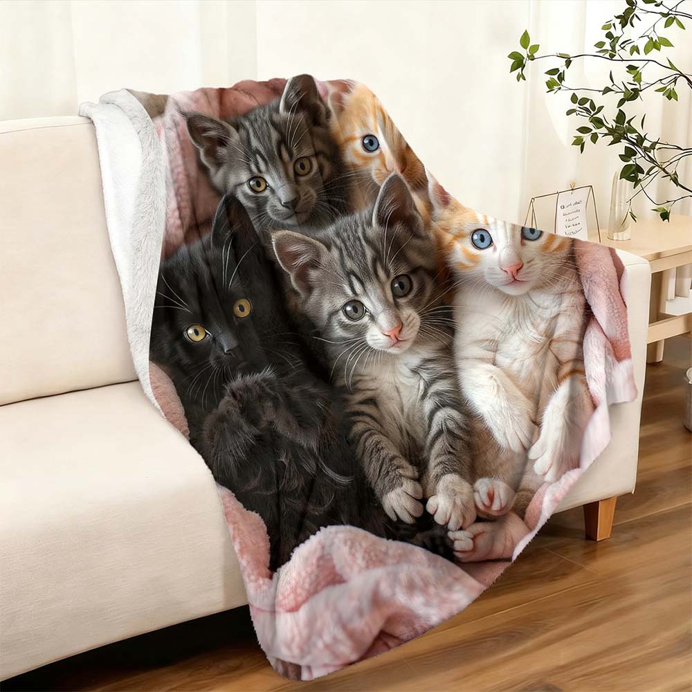 1Pc  Cute Kittens Flannel Throw Blanket Soft Warm Cozy Pet Pattern Blanket For Couch Bed Sofa