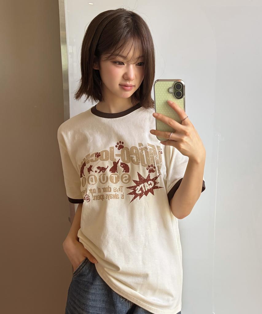 VIDEO JOCKEY Cats Gather Ringer T-Shirt [Cream]