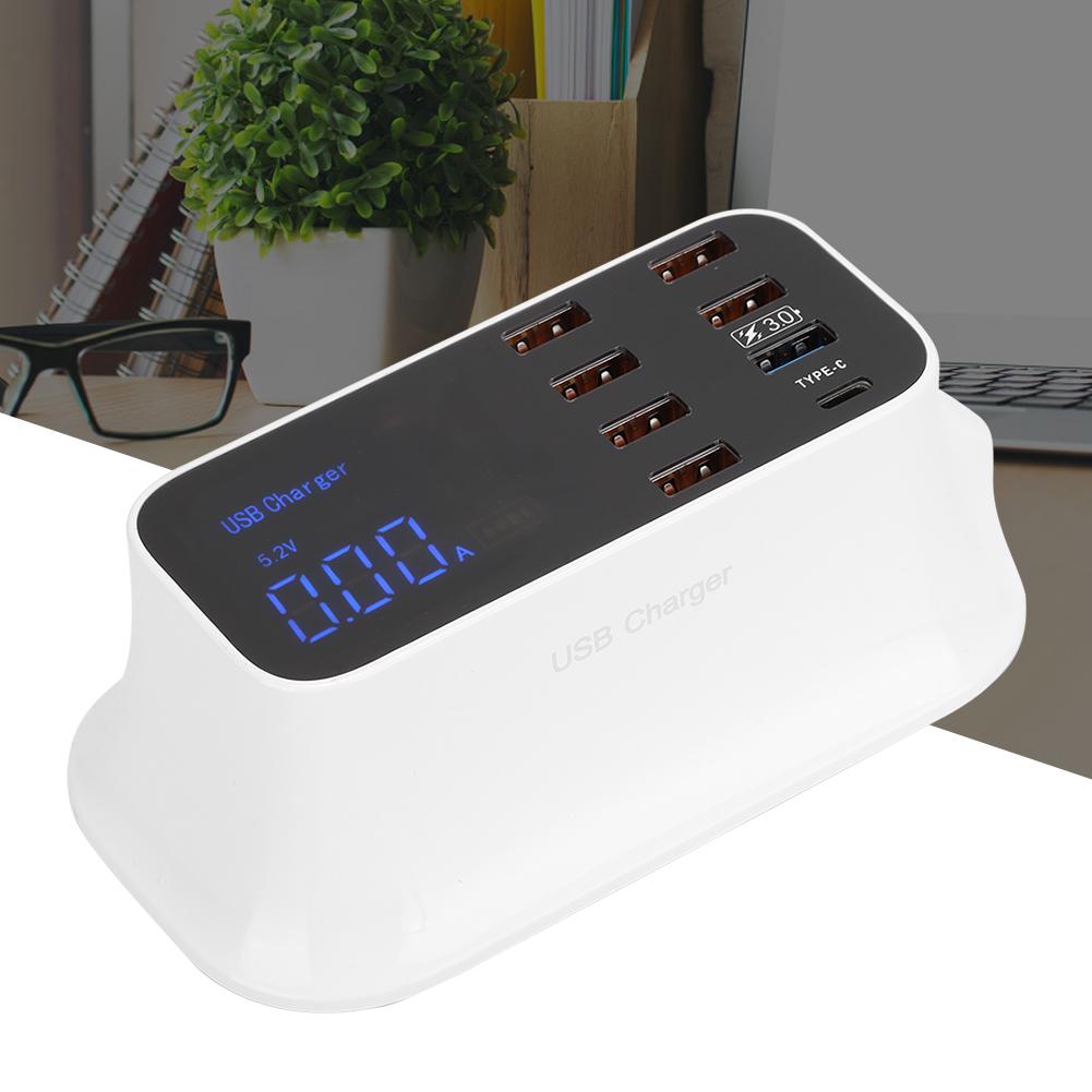 8 Port USB Phone Charger with Type C Intelligent Digital Display for QC3.0