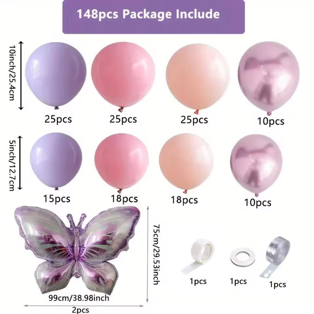 148PCS Butterfly Balloon Arch Set, Macaron Purple Pink Orange Balloon, Birthday Wedding Anniversary Event Decoration