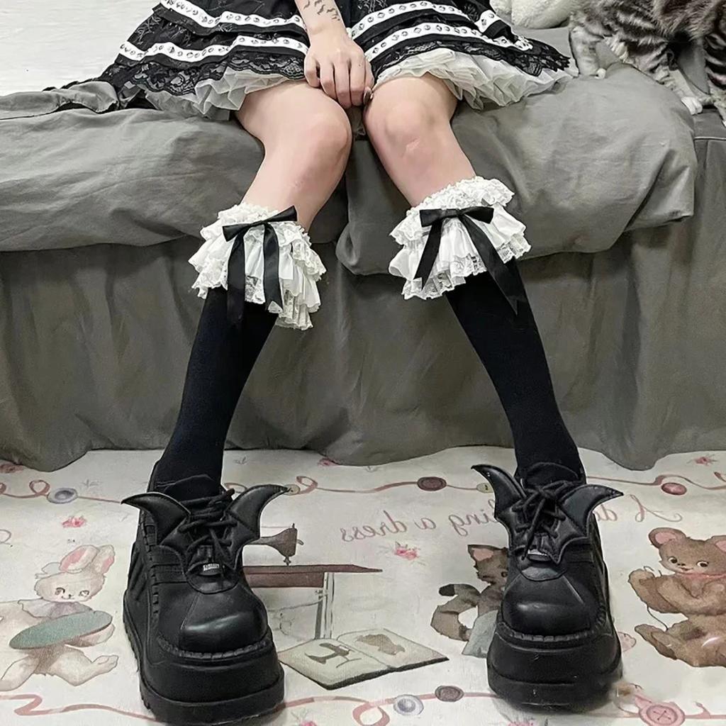 Girl Lolita Stockings Y2K Ruffle Long Socks Stockings Japanese Style Kawaii Bowknot Cute Lacework Knee Socks Stockings