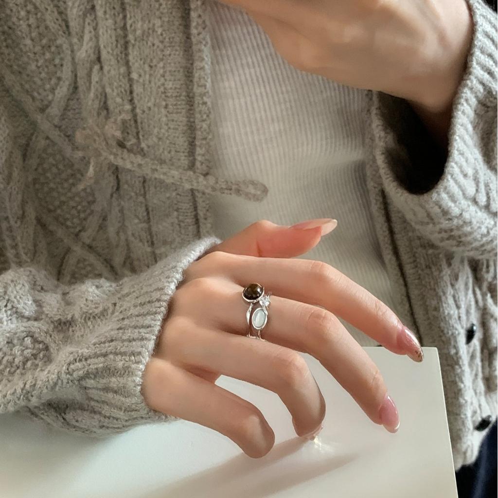 Tiger's eye stone rhinestone double-layer ring design retro index finger ring, no color loss texture ring