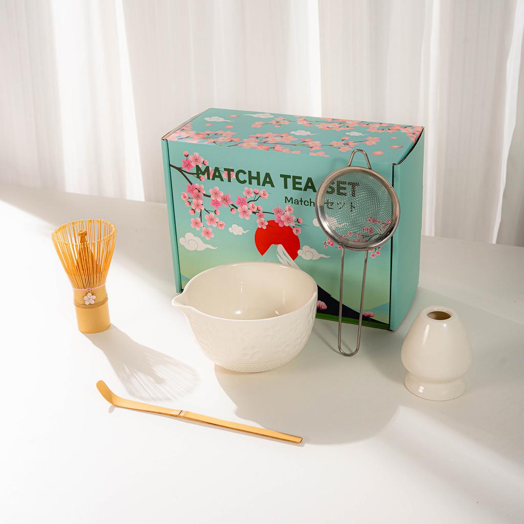 Japanese Matcha Tea Set With Cherry Blossom Pattern, Bamboo Whisk, Ceramic Matcha Bowl, Matcha Making Kit, Tea Utensils Set Gift