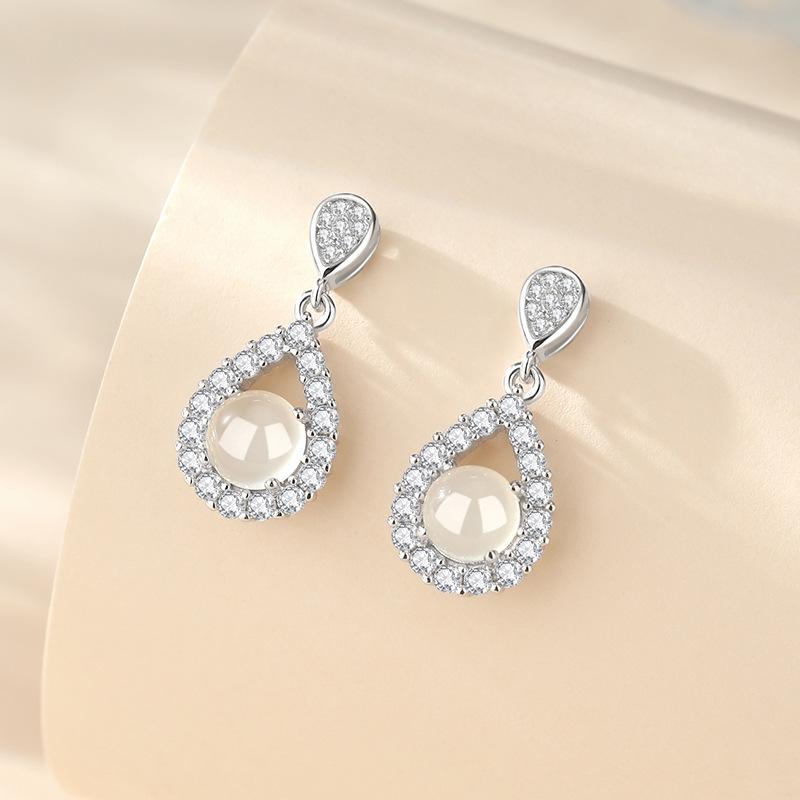 Tichya Cool White Chalcedony Water Drop Earrings for Women - S925 Sterling Silver, Chinese Style with Zircon Accents 925 Silver