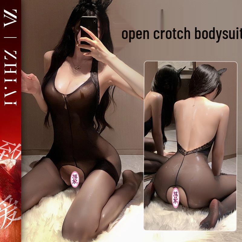 Passionate Sheer Lingerie Set: Fishnet Stockings & Crotchless Bodysuit