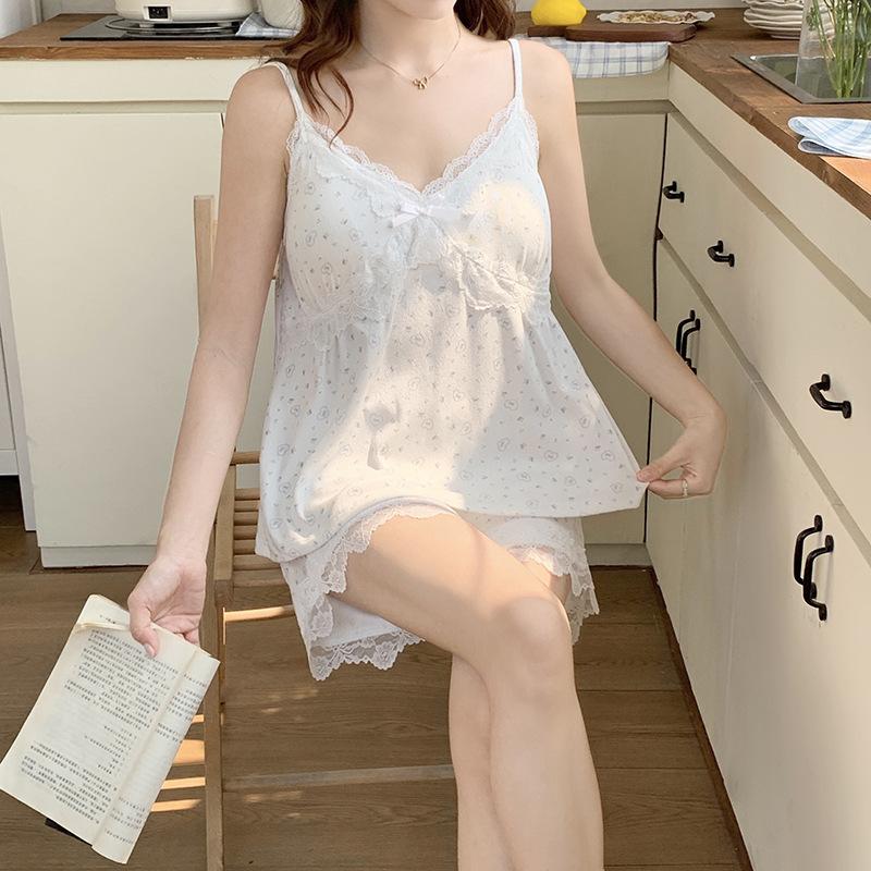 Vernis sexy lace jacquard cotton pajamas women's summer suspender shorts sweet high-end loungewear set