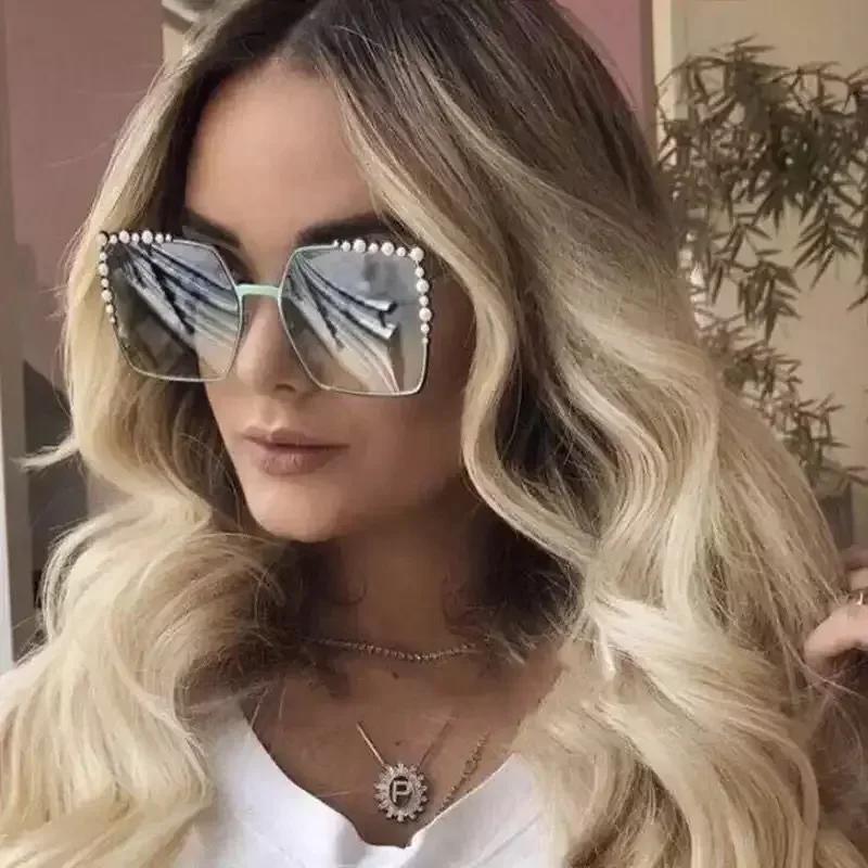 Oversized Square Sun Glasses Ladies  New Luxury Pearl Sunglasses Women Brand Designer Fashion Shades Big Frame Oculos