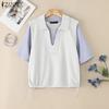 ZANZEA Women Casual Fake Two Piece Stripe Patchwork Short Sleeve Blouse