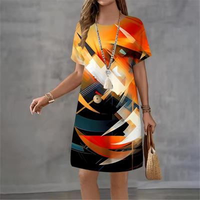 3D Abstract Print Dress Women Fashion Pullover Short Sleeve Loose A-Line Dress Casual O-Neck Ladies Short Dress