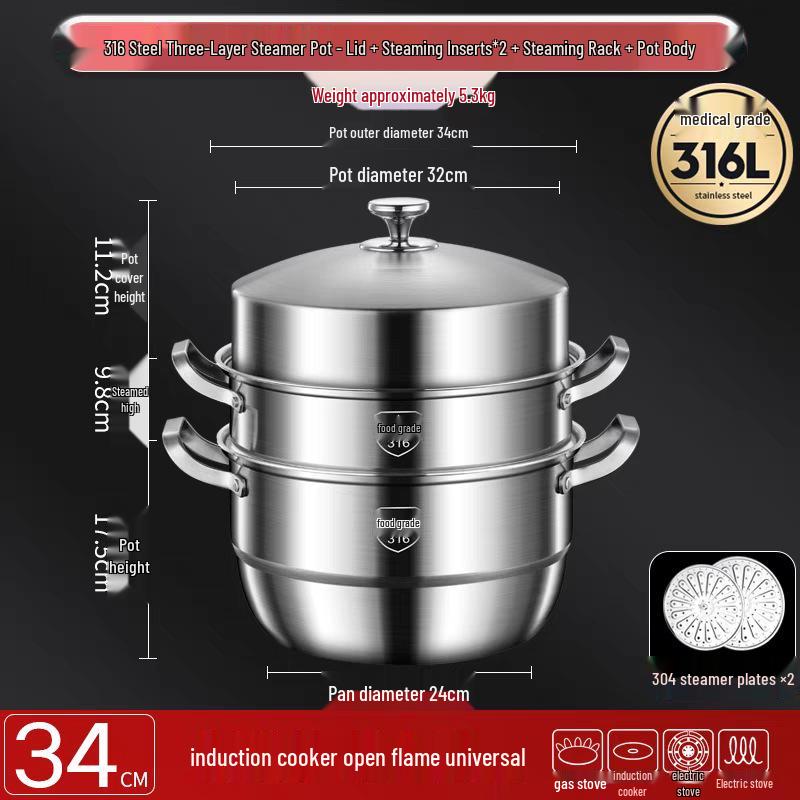 316 Stainless Steel High-Rise Steamer Pot, Extra Thick, Food-Grade, Large Capacity, Versatile 3-4 Layer Soup Pot