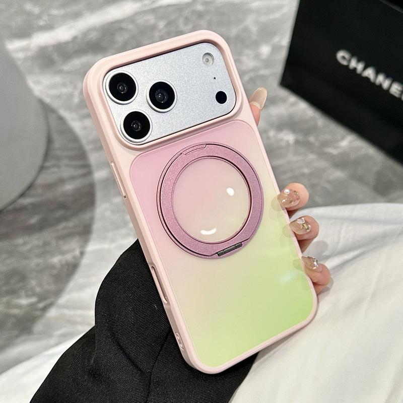 Magnetic Macaron Gradient Phone Case For iPhone 17 Pro Max 16 15 14 13 Pro Max Luxury 360 Rotating Ring Stand Shockproof Silicone Cover