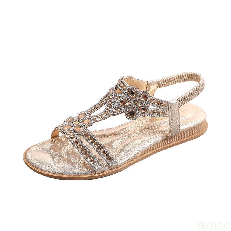 Fashion Ladies large size hollow Sandals Fashion rhinestone flats Bohemian style comfortable women's Shoes Summer casual breathable shoe