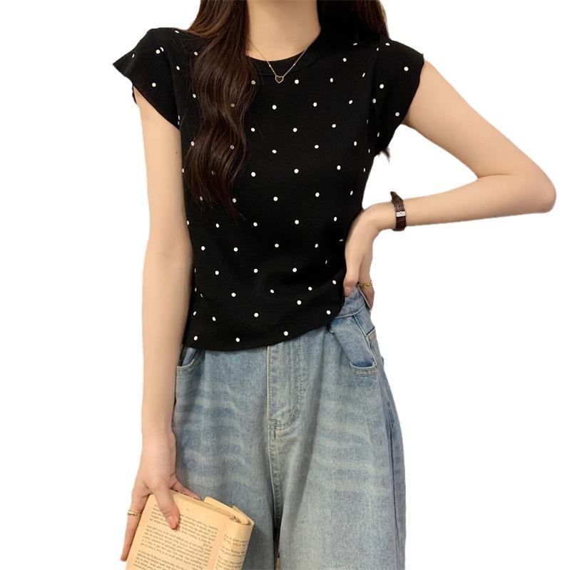 

Футболка с жилетом Xiaofei, женское тонкое летнее платье с короткими рукавами, новый иностранный стиль, с принтом в горошек, короткая one size fits all чёрный