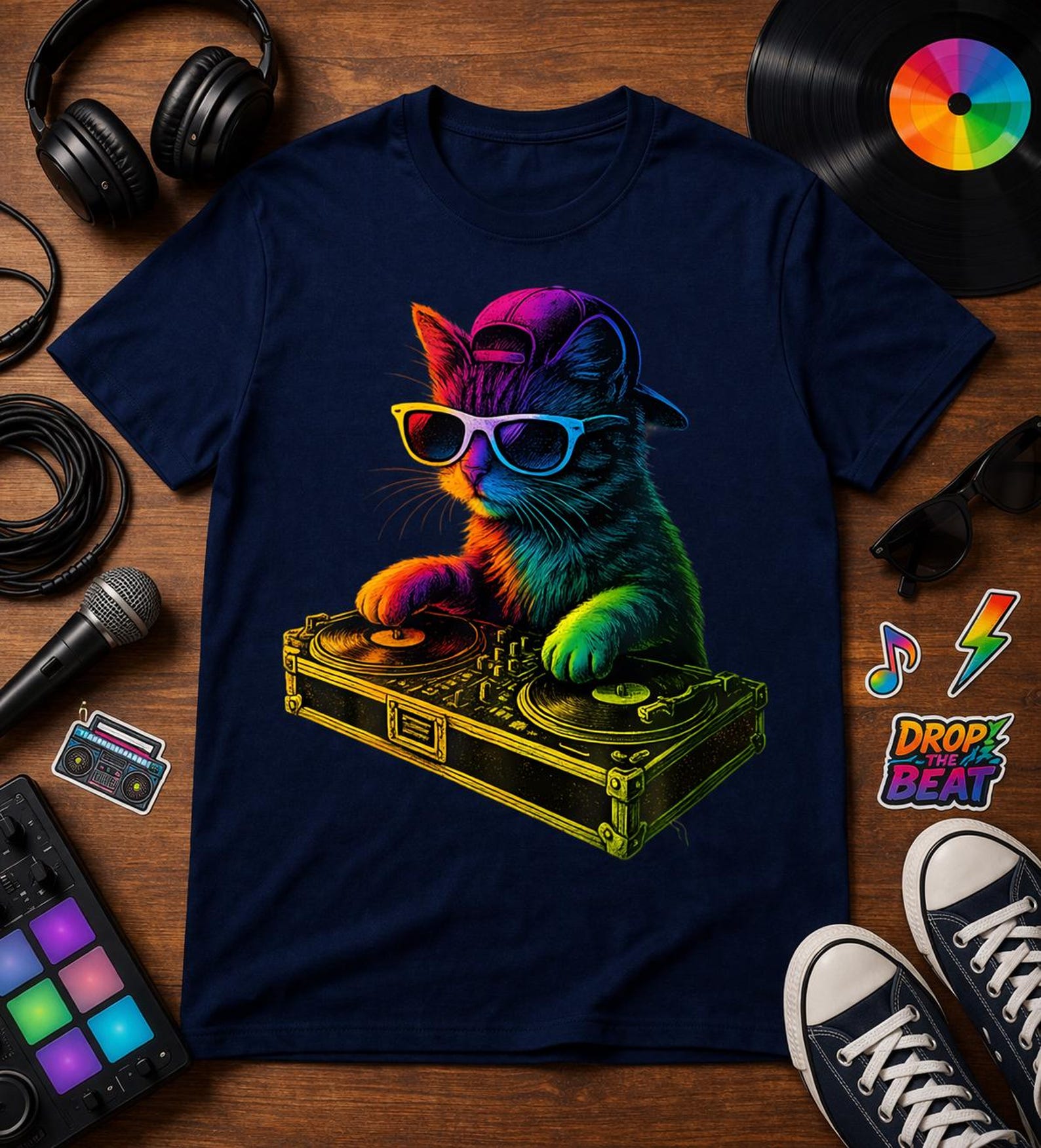 Rainbow DJ Cat Shirt Funny Kitty Music Tee, DJ Cat Turntable T-Shirt, House Music Lover, Colorful Rave Festival Tee 4XL