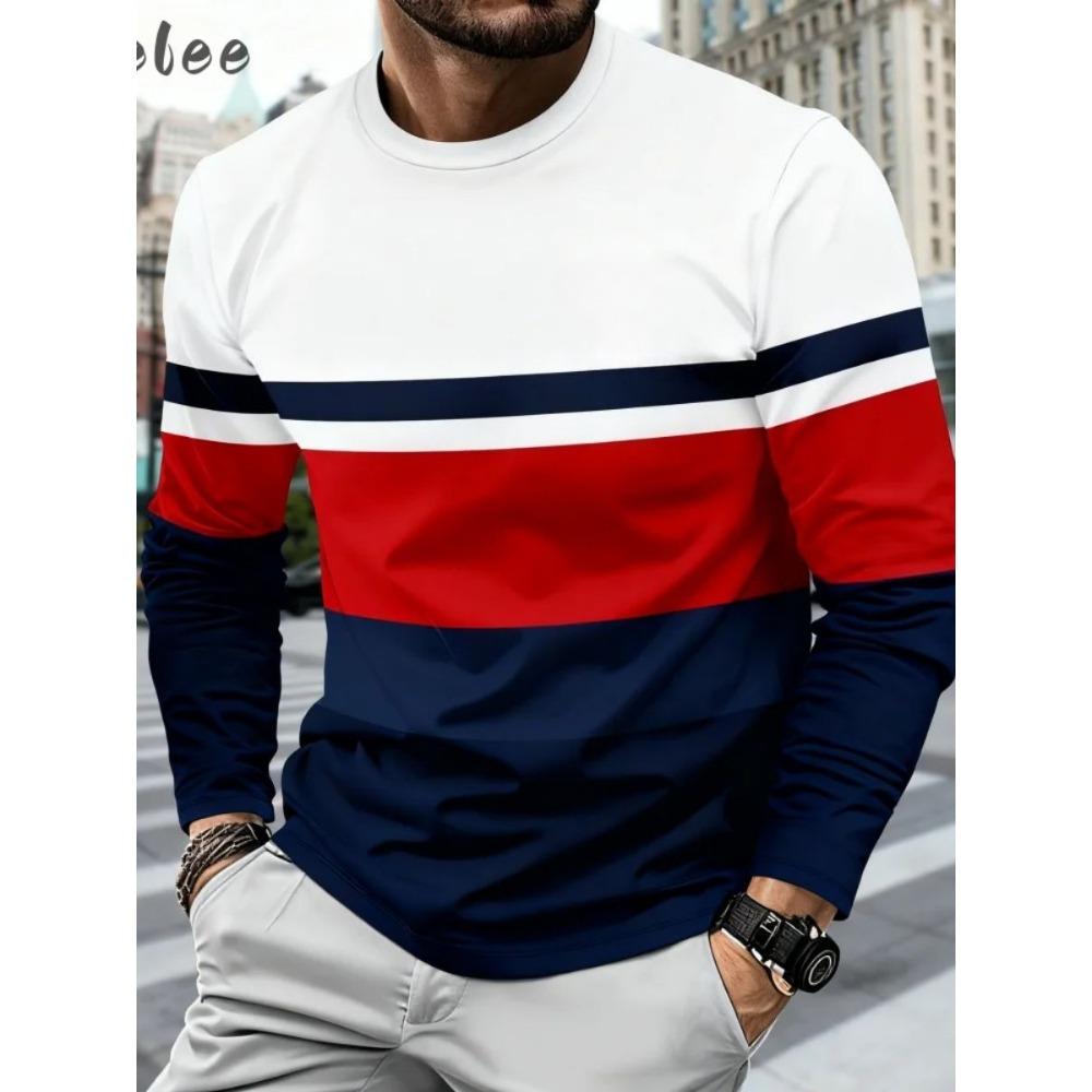 Fashionable Casual Long Sleeved T-shirt Soft Comfortable Vintage Creative Stripe 3d Printed Versatile Loose Men's T-shirt