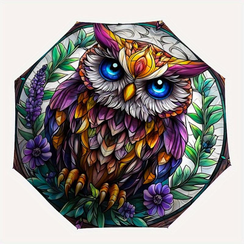 

1pc Stained Glass Ow Automatic Folding Umbrella, Portable & Foldable Design with 8 Ribs, Casual Outdoor Accessory Halloween and Christmas gi