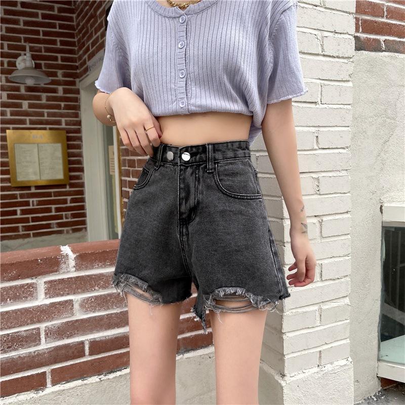Classic and Minimalist Fashion Versatile Broken Holes Female Summer Thin High-waisted A-line Wide-legged Pants Denim Shorts Individuality Trendiness