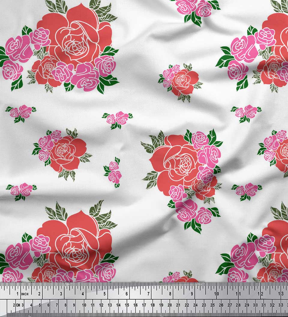 

Тканина Soimoi Black, Японія, креп-сатин, листя та троянди, принти на тканині з квітковими принтами на метр 42 дюйма 42 Inch Wide - Poly Crepe білий