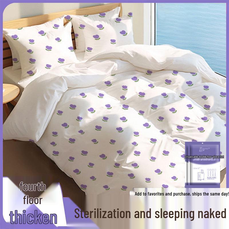 Purple Disposable 4-Piece Non-Woven Bedding Set: Bed Sheet & Duvet Cover for Hotel or Travel. Ideal for Comfortable, Naked Sleeping.