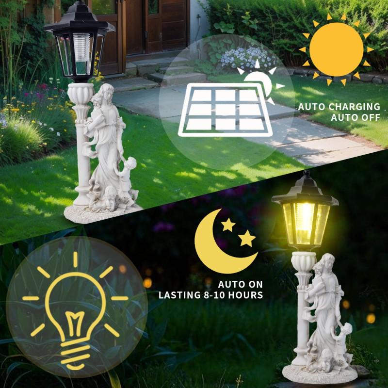 Solarbetriebene Harz-Gartenstatue Mutter Kind hält Buch Outdoor-Dekoration Europäischer Stil Hofschmuck