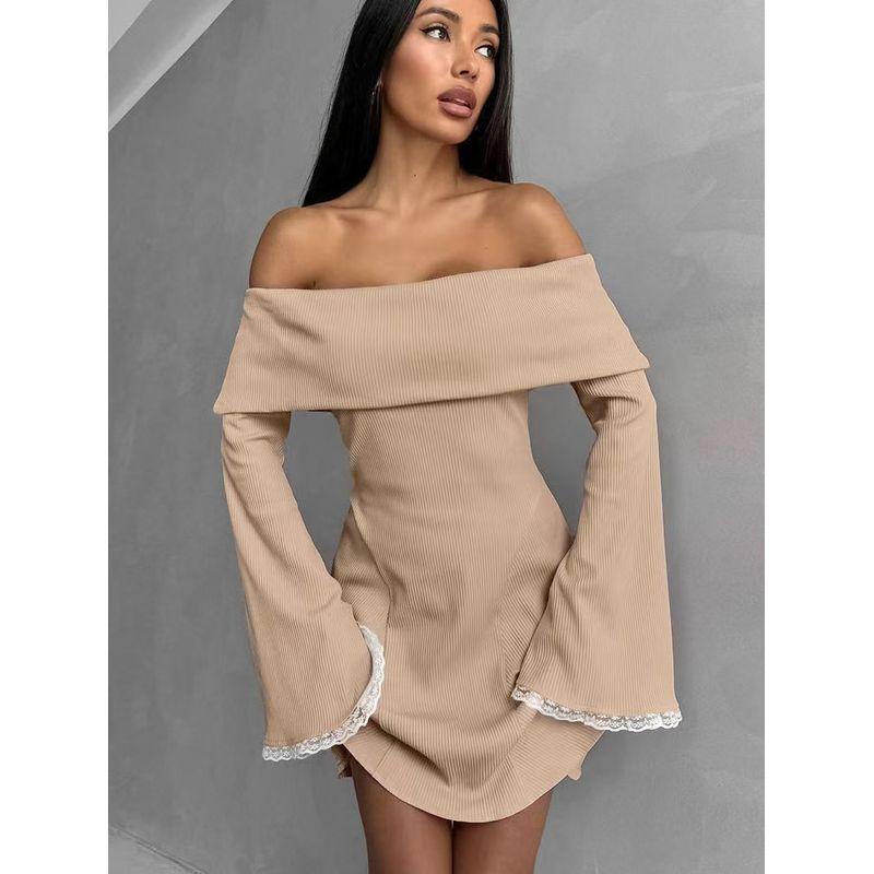 

French Style off Shoulder Sexy Flare Sleeve Knitted Lace Dress Sexy off Shoulder Dress Khaki L