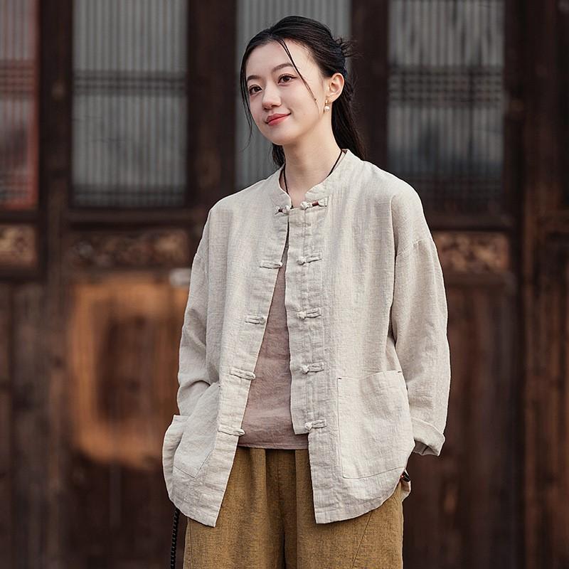 Johnature Women Vintage Stand Shirts Solid Color Long Sleeve Tops Spring Button Pockets Loose Women Shirts