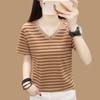 Women's Summer Striped T-shirt Casual V Neck Short Sleeve Slim Fit Top