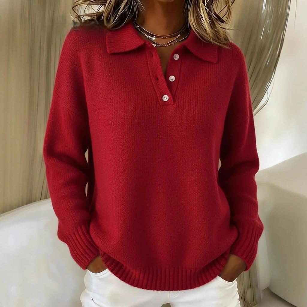 New Autumn and Winter Loose and Lazy Style Soft and Waxy Women's Lapel POLO Shirt Long-sleeved Button Sweater